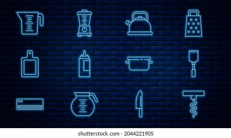 Set line Wine corkscrew, Spatula, Kettle with handle, Sauce bottle, Cutting board, Measuring cup, Cooking pot and Blender icon. Vector