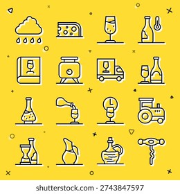 Set line Wine corkscrew, Tractor, bottle with glass, Fermentation of grapes, Book about wine, Cloud rain and truck icon. Vector