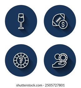 Set line Wine glass, American football betting money, Casino chips and Hand holding casino with long shadow. Blue circle button. Vector