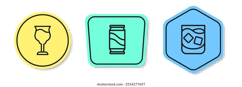 Set line Wine glass, Beer can and Glass of whiskey. Colored shapes. Vector