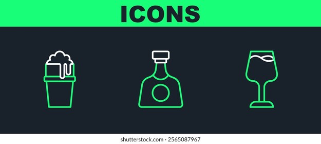 Set line Wine glass, Glass of beer and Tequila bottle icon. Vector