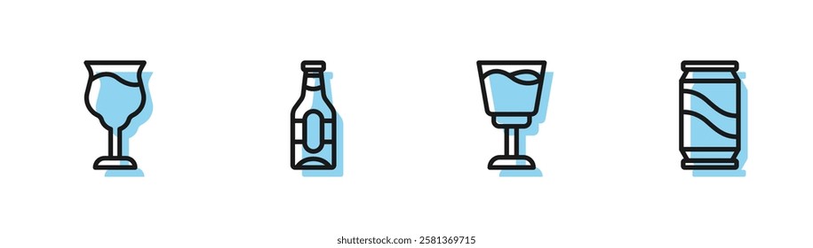 Set line Wine glass, , Beer bottle and can icon. Vector