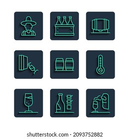 Set line Wine glass, Bottle of wine, Sommelier, Wooden barrel for, tasting, degustation, Farmer the hat and Meteorology thermometer icon. Vector