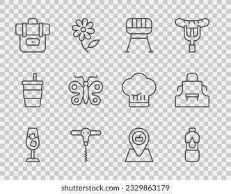 Set line Wine glass, Bottle of water, Barbecue grill, corkscrew, Hiking backpack, Butterfly, Picnic location and Kitchen apron icon. Vector