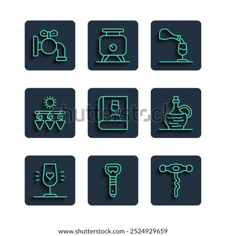 Set line Wine glass, Bottle opener, corkscrew, tasting, degustation, Book about wine, Drying grapes, Tap for barrel and italian fiasco bottle icon. Vector