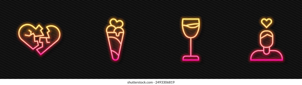 Set line Wine glass, Broken heart or divorce, Ice cream waffle cone and Couple love. Glowing neon icon. Vector