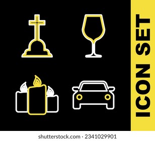 Set line Wine glass, Car, Burning candles and Tombstone with cross icon. Vector