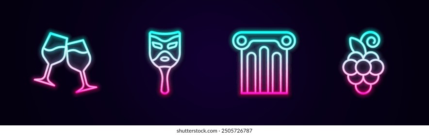 Set line Wine glass, Carnival mask, Ancient column and Grape fruit. Glowing neon icon. Vector