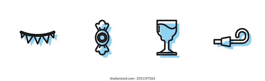 Set line Wine glass, Carnival garland with flags, Candy and Birthday party horn icon. Vector