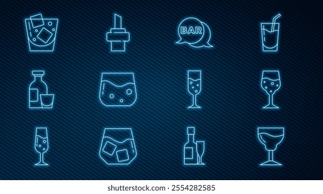 Set line Wine glass, Glass of champagne, Street signboard with Bar, whiskey, Alcohol drink Rum,  and Wooden cork for wine icon. Vector