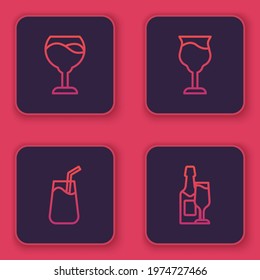 Set line Wine glass, Cocktail,  and Champagne bottle and. Blue square button. Vector