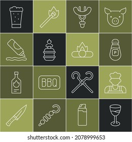 Set line Wine glass, Cook, Pepper, Sausage on the fork, Camping gas stove, Ketchup bottle, Glass of beer and Campfire icon. Vector