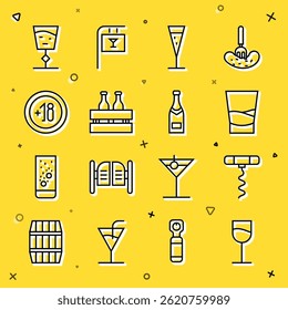 Set line Wine glass, corkscrew, Glass of vodka, champagne, Pack beer bottles, Alcohol 18 plus,  and Champagne icon. Vector