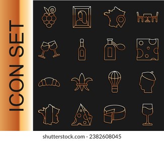 Set line Wine glass, French man, Cheese, Map of France, Champagne bottle, Grape fruit and Perfume icon. Vector