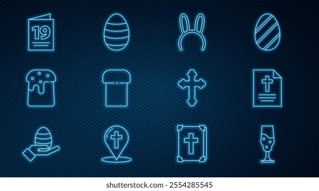 Set line Wine glass, Greeting card with Happy Easter, Mask long bunny ears, cake, Christian cross and egg icon. Vector