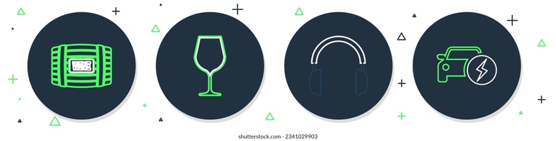 Set line Wine glass, Headphones, Wooden barrel for wine and Electric car icon. Vector