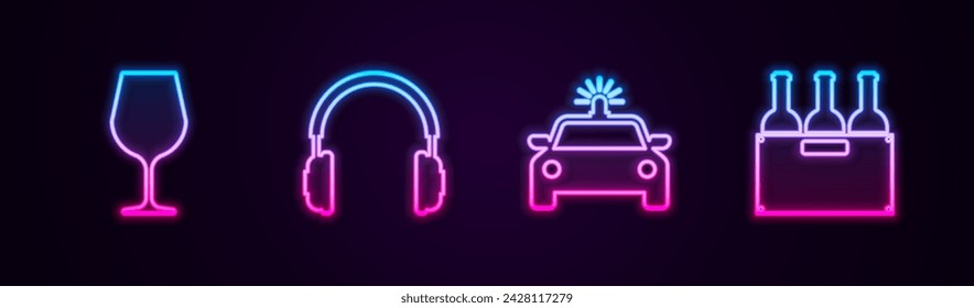 Vidrio de vino, auriculares, coche de policía y flasher y botellas de la caja de vino. Icono de neón brillante. Vector