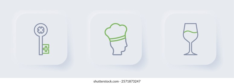 Set line Wine glass, Italian cook and Old key icon. Vector