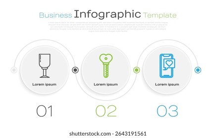 Set line Wine glass, Key in heart shape and Smartphone with heart speech bubble. Business infographic template. Vector