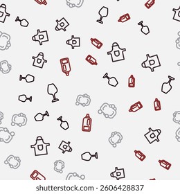 Set line Wine glass, Kitchen apron, Bar of soap and Bottle for detergent on seamless pattern. Vector