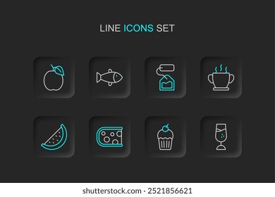 Set line Wine glass, Muffin, Cheese, Watermelon, Bowl of hot soup, Tea bag, Fish and Plum fruit icon. Vector