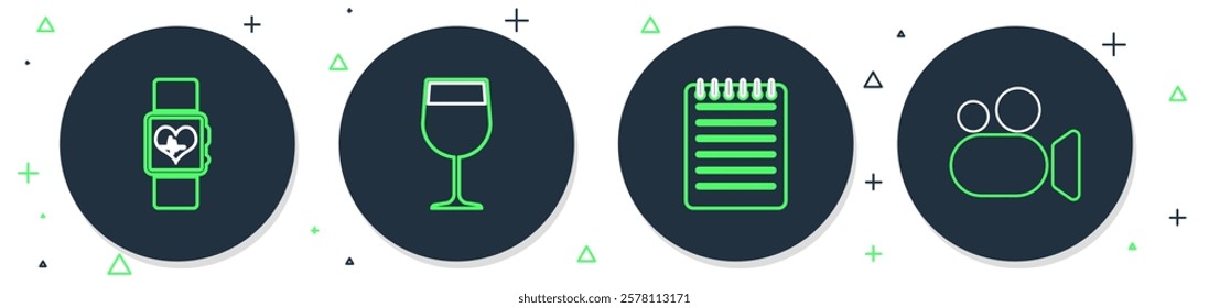 Set line Wine glass, Notebook, Smart watch heart beat rate and Movie or Video camera icon. Vector