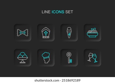 Set line Copa de vino, llave vieja, cocinero italiano, helado en el tazón, pasta spaghetti, waffle, sombrero de Papa e icono de macarrones. Vector