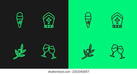 Set line Wine glass, Olives branch, Ice cream waffle and Pope hat icon. Vector