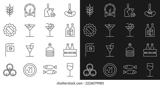Línea Vidrio, Paquete de botellas de cerveza, Botellas de vino, Grifo de cerveza con, Martini, gorra, Hop y icono de cóctel. Vector