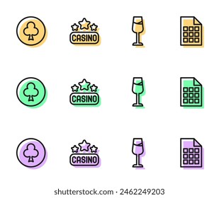 Set line Wine glass, Playing card with clubs symbol, Casino signboard and Lottery ticket icon. Vector