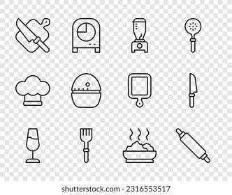 Set line Wine glass, Rolling pin, Blender, Fork, Cutting board and knife, Kitchen timer, Bowl of hot soup and Knife icon. Vector