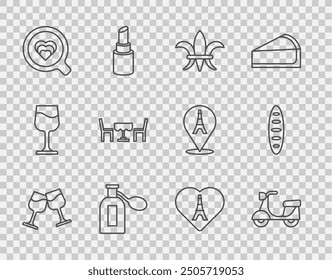 Set line Wine glass, Scooter, Fleur De Lys, Perfume, Coffee cup, French cafe, Eiffel tower with heart and baguette bread icon. Vector
