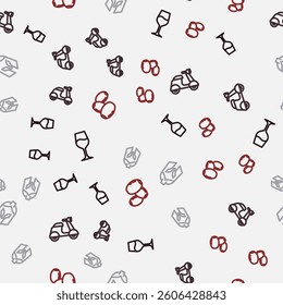Set line Wine glass, Scooter, Roman army helmet and Olives on seamless pattern. Vector