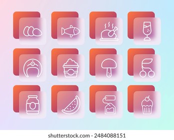 Set line Wine glass, Watermelon, Mushroom, Tea bag, Popcorn cardboard box, Roasted turkey chicken, Chicken egg and Fish icon. Vector