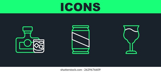 Set line Wine glass, Whiskey bottle and and Beer can icon. Vector