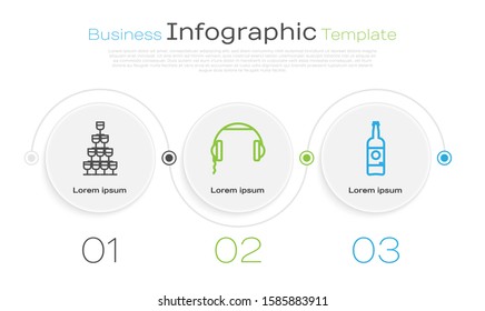 Set line Wine glasses stacked in a pyramid tower , Headphones  and Beer bottle . Business infographic template. Vector