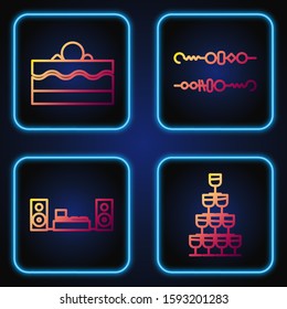Set line Wine glasses stacked in a pyramid tower , Home stereo with two speakers , Cake  and Grilled shish kebab. Gradient color icons. Vector