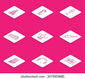 Set line Wine glasses stacked in a pyramid tower, Lighter, Glass of champagne, Cake, Clown head, Champagne bottle, Karaoke and Headphones icon. Vector