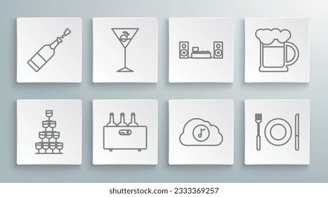 Set line Wine glasses stacked in a pyramid tower, Music streaming service, Plate, fork and knife, Home stereo with two speakers, Wooden beer mug and Champagne bottle icon. Vector