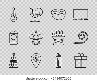 Vasos de vino apilados en una torre piramidal, caja de regalo, máscara festiva, ubicación de la barra de alcohol o cerveza, guitarra, cabeza de payaso, encendedor e icono de cuerno de fiesta de cumpleaños. Vector