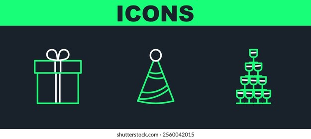 Set line Wine glasses stacked in a pyramid tower, Gift box and Party hat icon. Vector