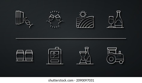 Set line Wine tasting, degustation, Wooden barrel for wine, bottle with glass, Bottle of, Cardboard box, Tractor and Vineyard grapes icon. Vector