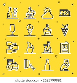 Set line Wine tasting, degustation, Cardboard box of wine, Bunch grapes, Sun and cloud weather, time, glass, Bottle and Old bottle icon. Vector