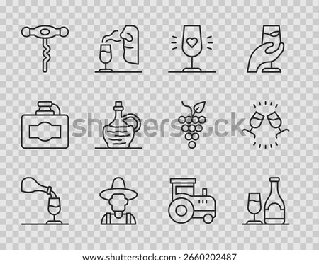 Set line Wine tasting, degustation, bottle with glass, Farmer the hat, corkscrew, italian fiasco, Tractor and  icon. Vector