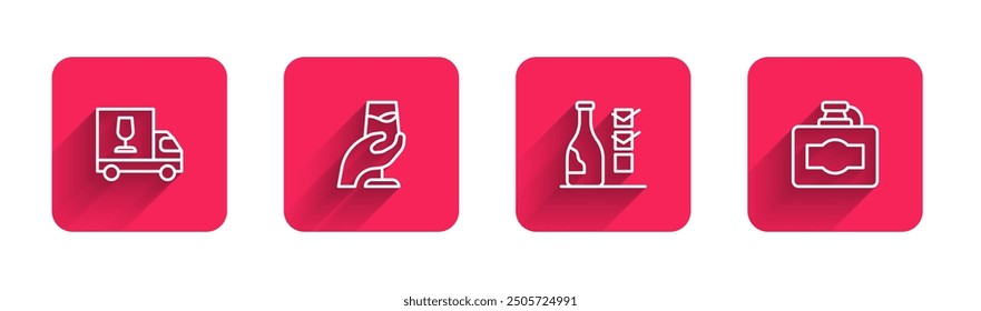 Set line Wine truck, tasting, degustation, Bottle of wine and Cardboard box with long shadow. Red square button. Vector