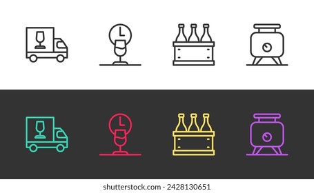 Set line Wine truck, time, Bottles of wine box and Fermentation grapes on black and white. Vector