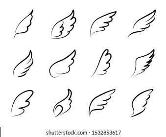 set of line wings icon, angel feather wing, wing tattoo silhouette, flying heaven vector icon, collection of wing.