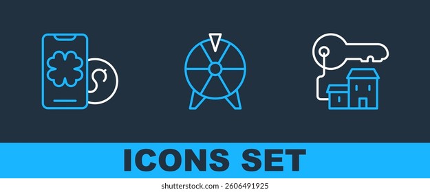 Set line Winning house with key, Online poker table game and Lucky wheel icon. Vector