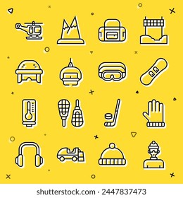 Set line Winter athlete, Christmas mitten, Snowboard, Sport bag, Ski lift, Hockey helmet, Rescue helicopter and goggles icon. Vector