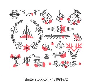 Set of line winter and Christmas icons and decorations, new year isolated two color objects